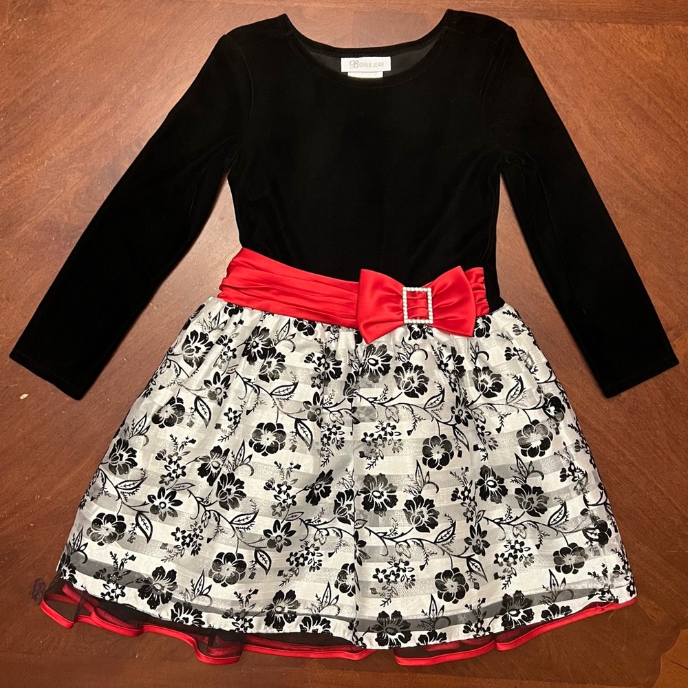 Toddler Girls Longsleeve Blk/Red Dress Velvet Holiday Formal Bonnie Jean Size 5
